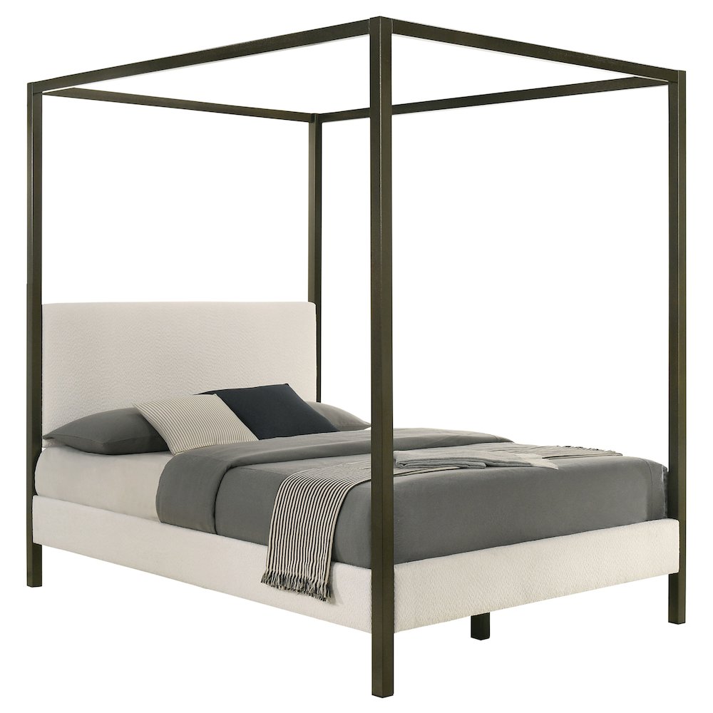 Sam Monroe Queen Vanilla Fabric Canopy Bed – Upholstered 4-Poster No Box Spring