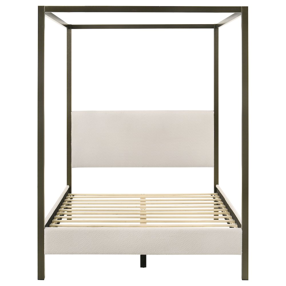 Sam Monroe Queen Vanilla Fabric Canopy Bed – Upholstered 4-Poster No Box Spring