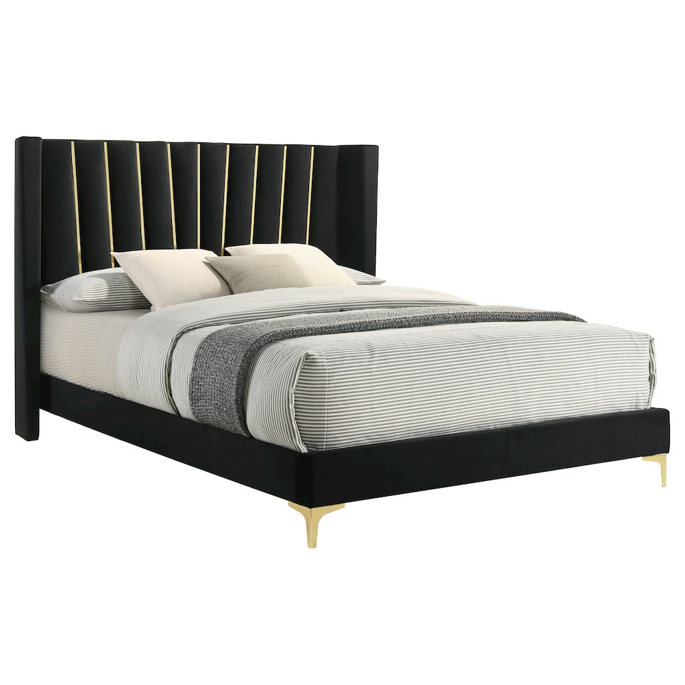 Maxwell Kendall Queen Black Velvet Upholstered Panel Bed – Modern Wingback with Golden Accents