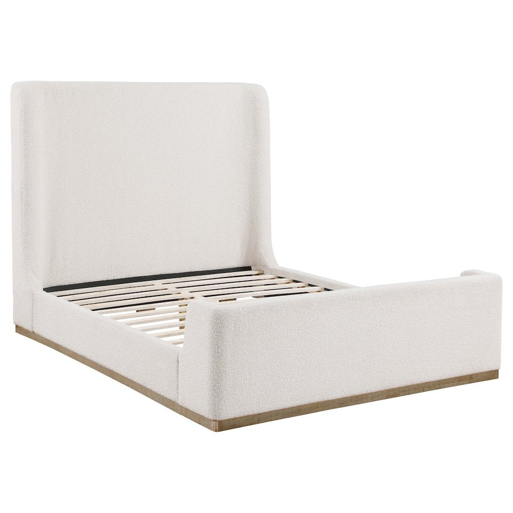 David Nala Queen Cream Upholstered Sleigh Bed – Modern Wingback with Boucle Texture