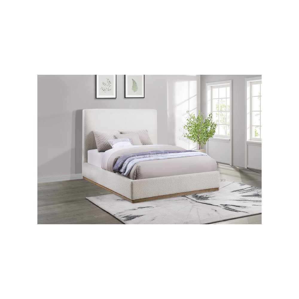 Mical Knox Queen Cream Upholstered Platform Bed Transitional Style Padded Headboard