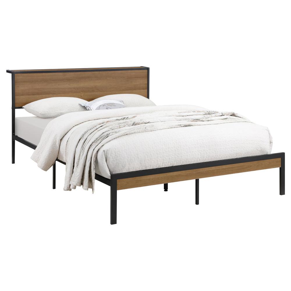 Bennett Ricky Full Light Oak Industrial Platform Bed – Vintage Metal Frame with MDF Headboard