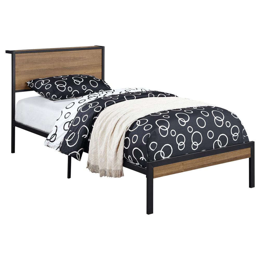 Alisa Ricky Twin Platform Bed Light Oak Black Metal – Vintage Industrial Style with Durable MDF Headboard