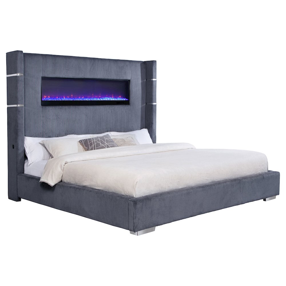 Wilimsum Tisdall Eastern King Grey Corduroy Upholstered Panel Bed – Wingback Style with Built-In Electric Fireplace