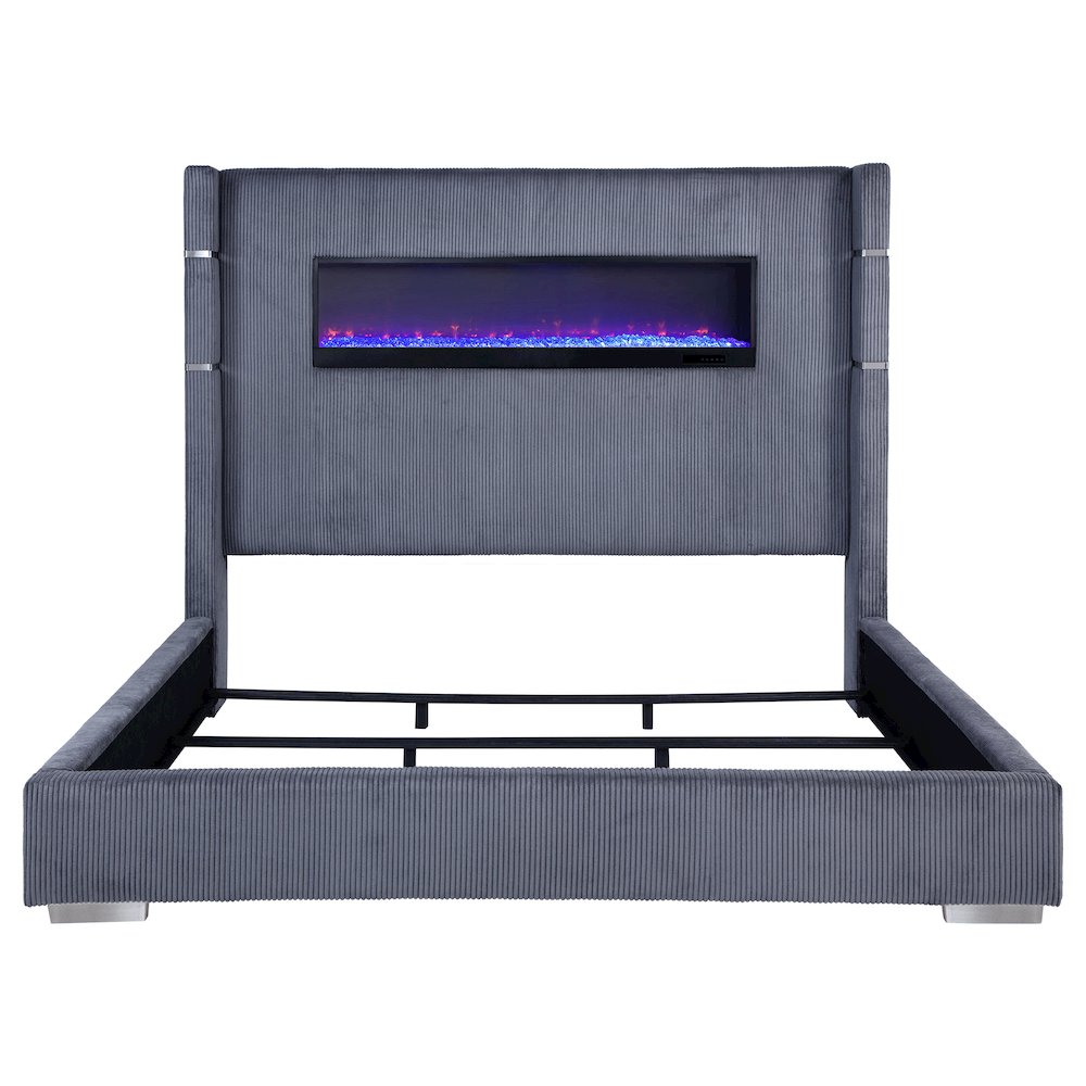 Wilimsum Tisdall Eastern King Grey Corduroy Upholstered Panel Bed – Wingback Style with Built-In Electric Fireplace