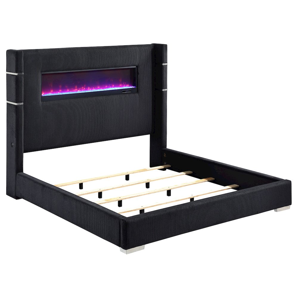 Ben Tisdall California King Black Corduroy Wingback Bed – Upholstered Fireplace Bed with Remote Flames