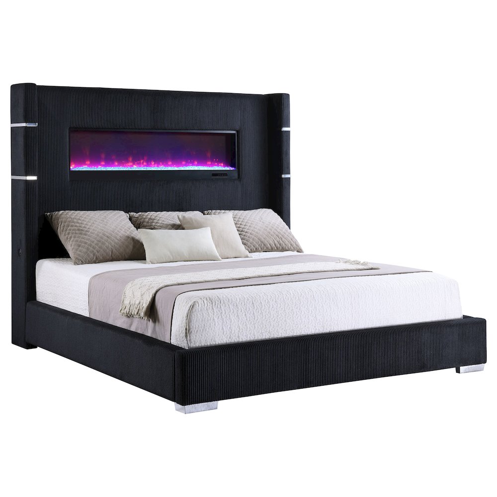 Root Tisdall Queen Black Corduroy Upholstered Panel Bed – Wingback Style with 16-Color Electric Fireplace
