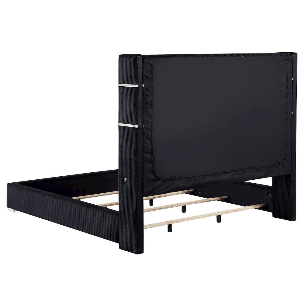 Root Tisdall Queen Black Corduroy Upholstered Panel Bed – Wingback Style with 16-Color Electric Fireplace