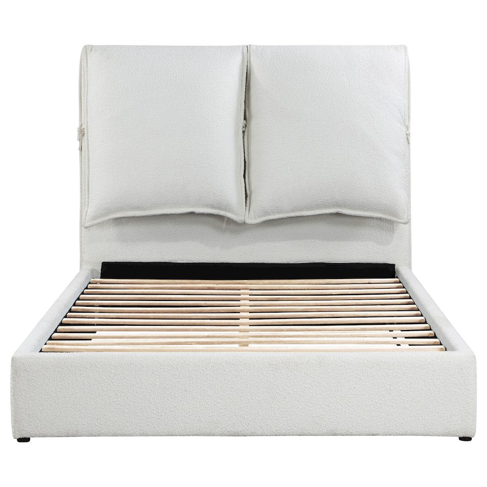 Tasha Gwendoline Queen White Boucle Upholstered Platform Bed Modern Pillow Headboard Design