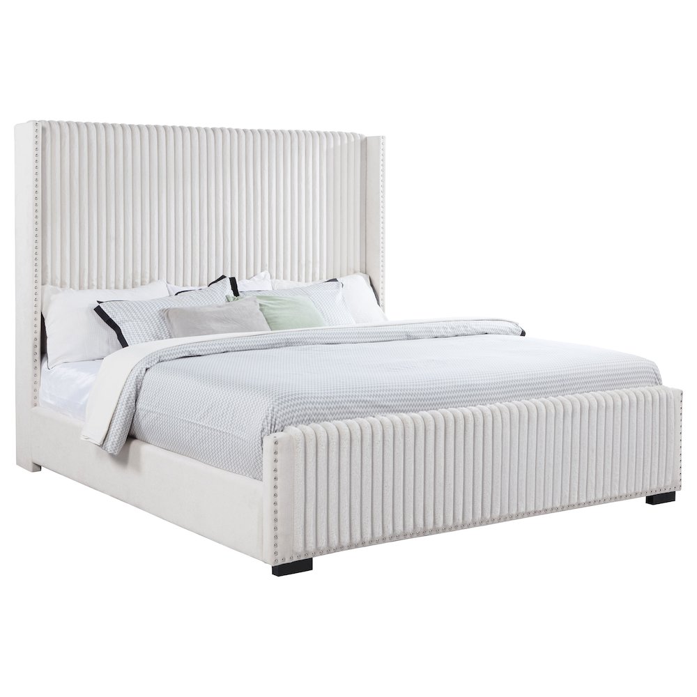 jamsen Natasha California King Cream Upholstered Headboard Bed – 69-Inch Modern Bedroom Furniture