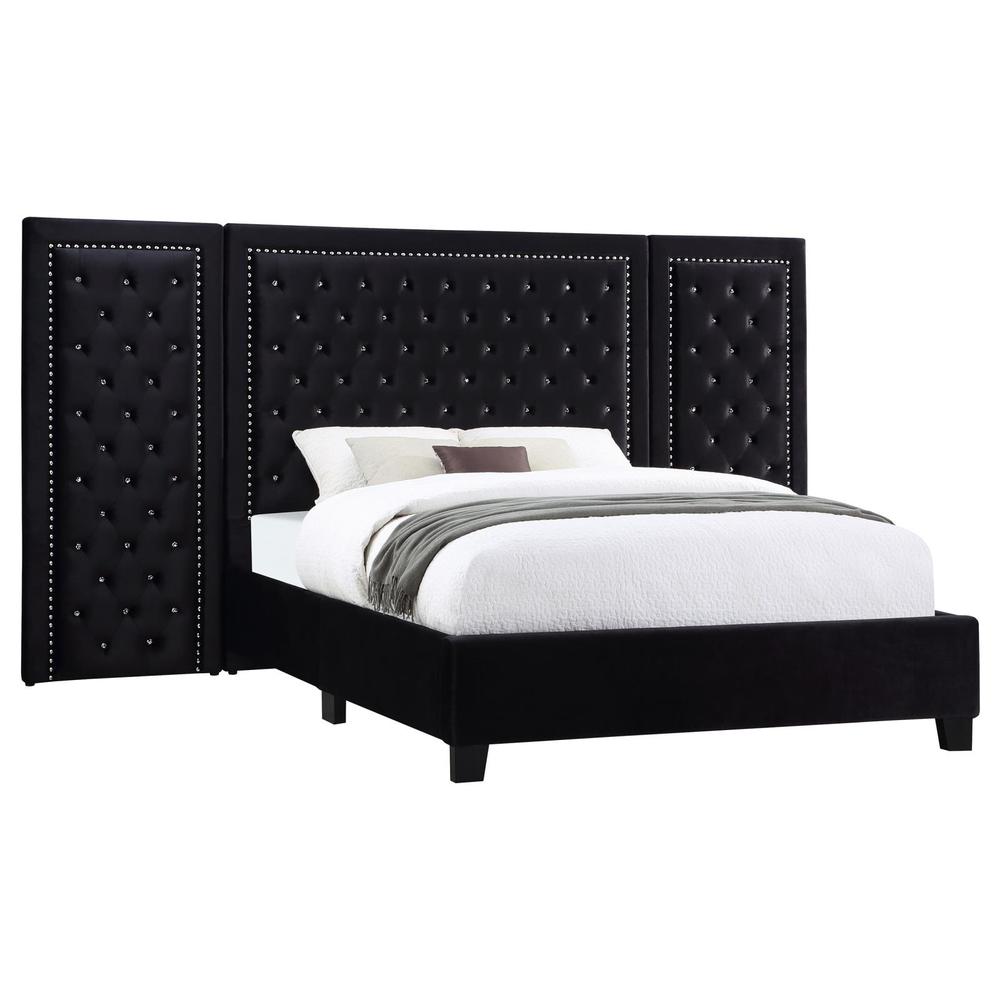 Riva Hailey Eastern King Black Velvet Upholstered Platform Bed – Oversized Headboard with Nailhead Trim