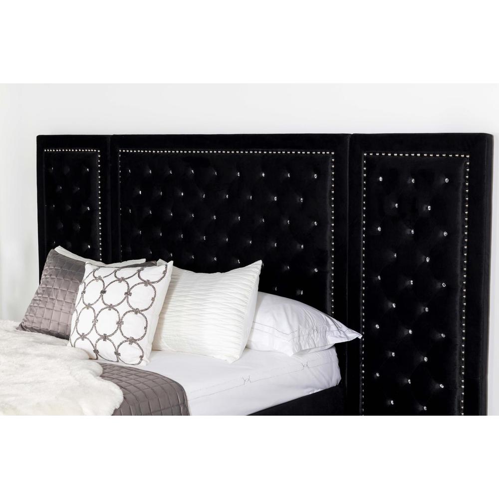 Sami Hailey California King Black Platform Bed – Luxury Velvet Upholstered with Nailhead Trim Wall Panel