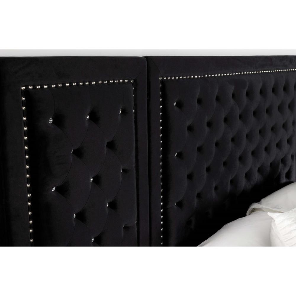 Elada Hailey Queen Black Velvet Upholstered Platform Bed – Modern Glam with Tufted Wall Panel & Nailhead Trim