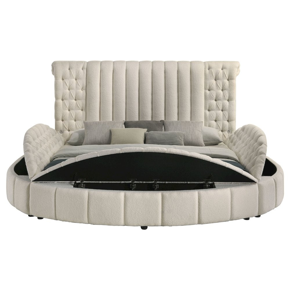 Valda Sonya Eastern King Ivory Upholstered Storage Bed – Round Design