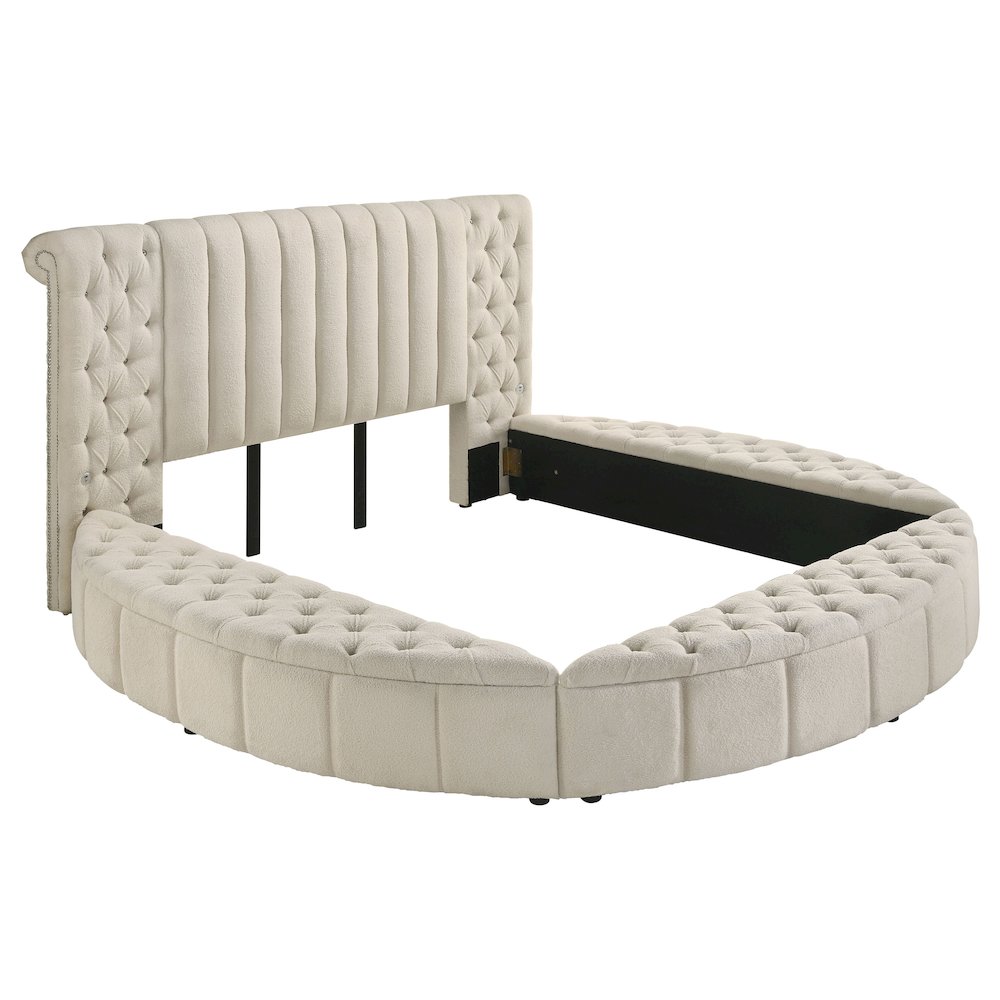 Juvanth Sonya Queen Ivory Upholstered Storage Bed – Round Headboard, Modern Design