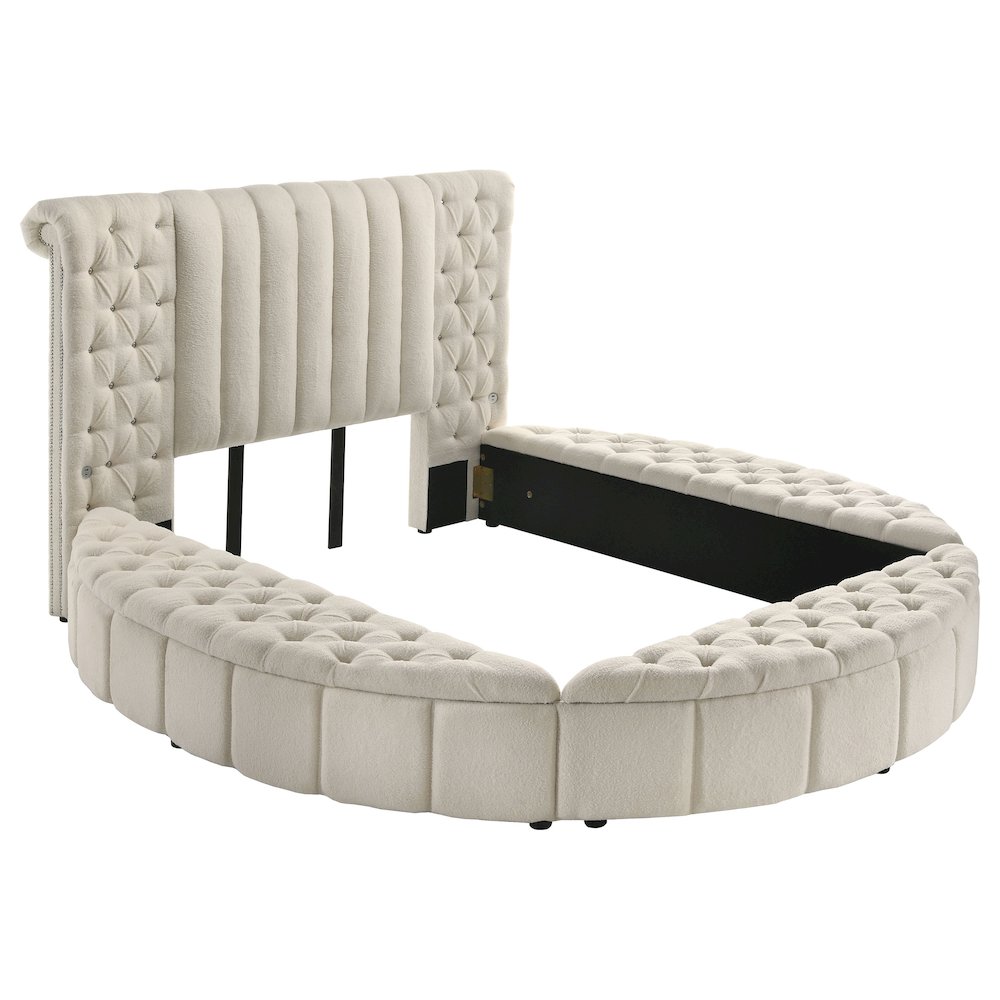 Juvanth Sonya Queen Ivory Upholstered Storage Bed – Round Headboard, Modern Design