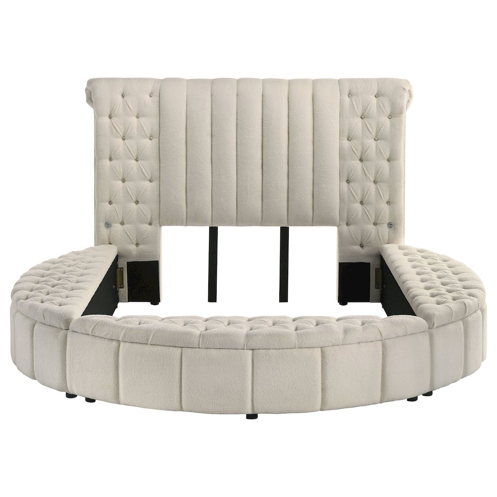 Juvanth Sonya Queen Ivory Upholstered Storage Bed – Round Headboard, Modern Design