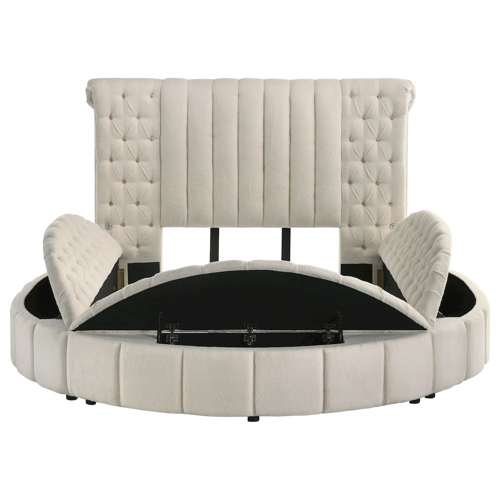 Juvanth Sonya Queen Ivory Upholstered Storage Bed – Round Headboard, Modern Design
