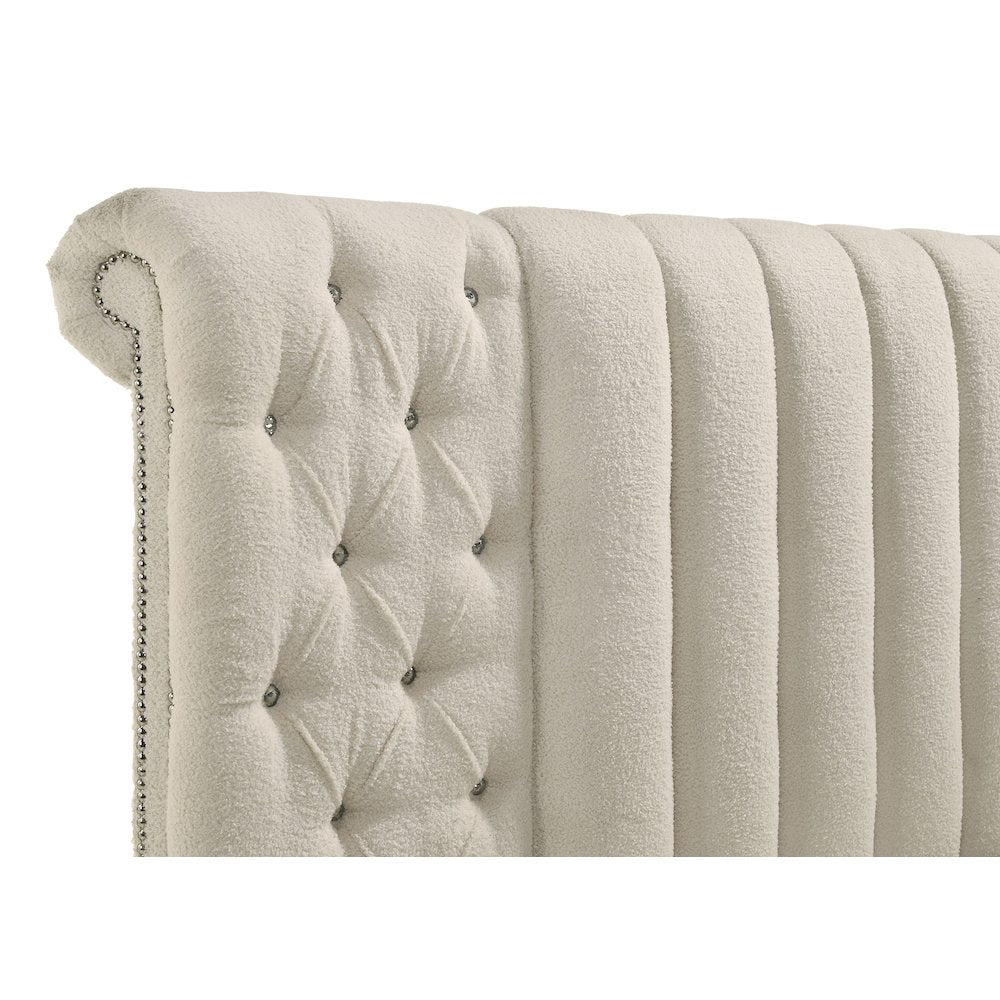 Juvanth Sonya Queen Ivory Upholstered Storage Bed – Round Headboard, Modern Design