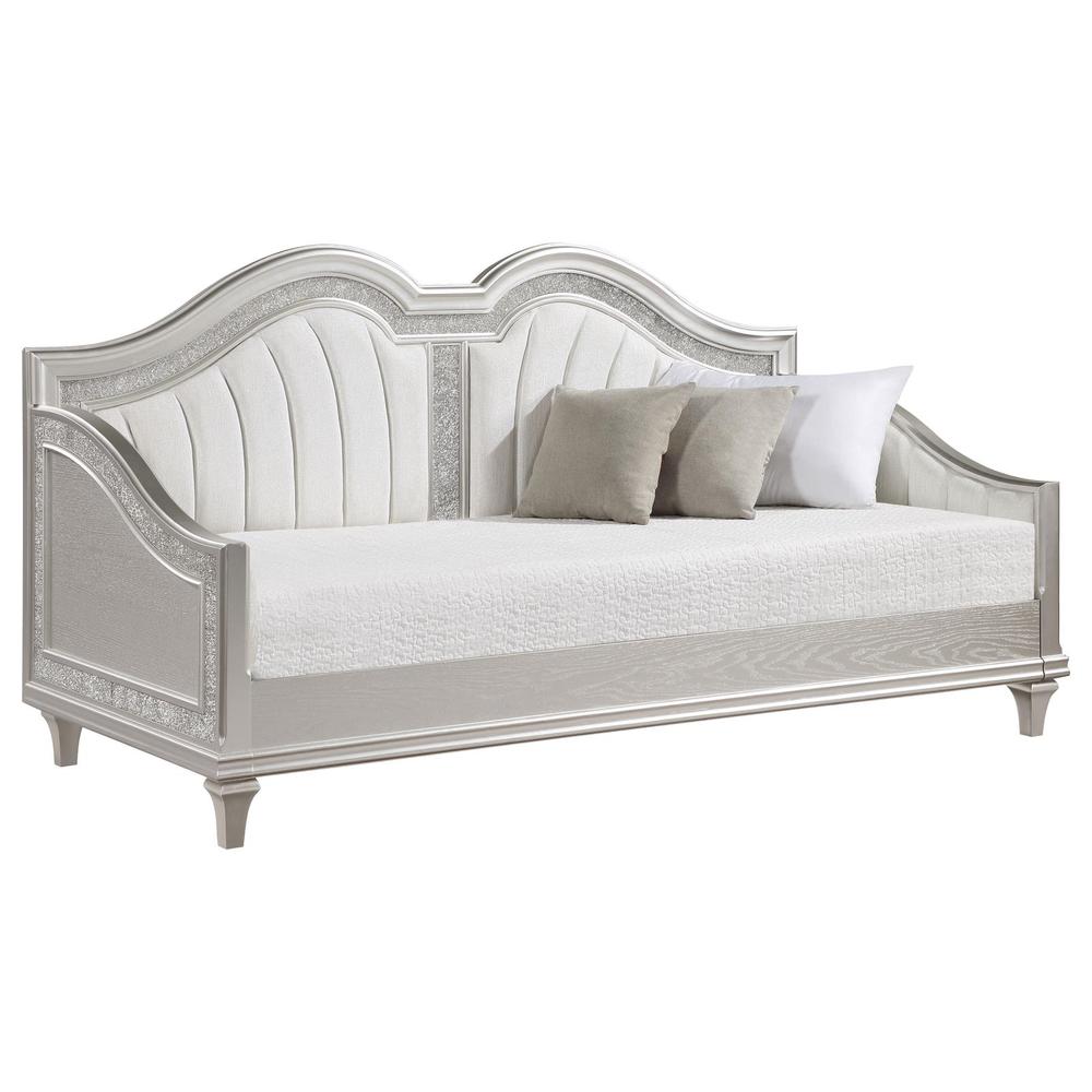 Bartow Evangeline Twin Silver Ivory Upholstered Daybed – Curved Style with Faux Diamond Trim
