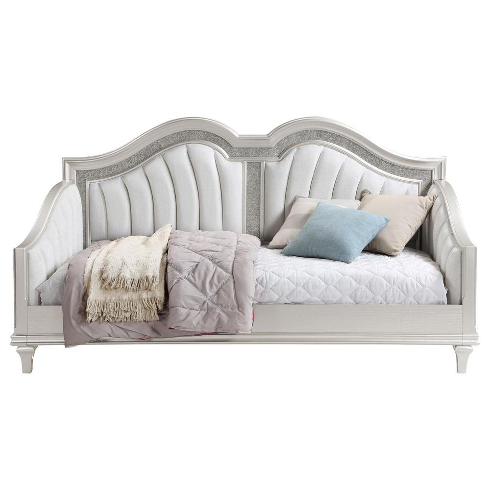 Bartow Evangeline Twin Silver Ivory Upholstered Daybed – Curved Style with Faux Diamond Trim