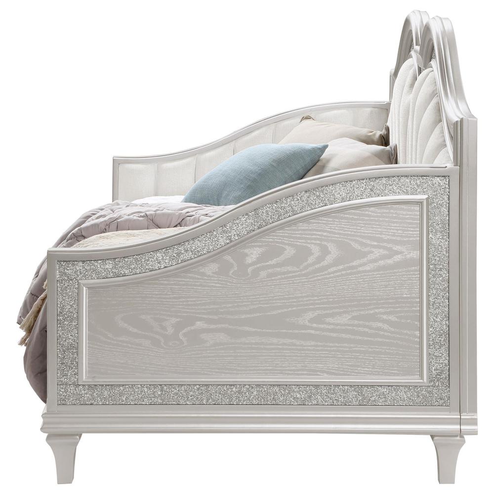 Bartow Evangeline Twin Silver Ivory Upholstered Daybed – Curved Style with Faux Diamond Trim