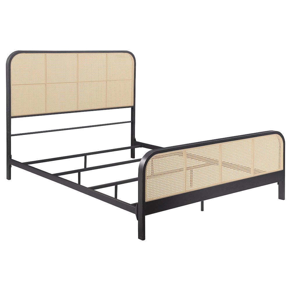 Nocturne Lanewood Queen Black Metal Bed with Cane Webbing – Modern Style