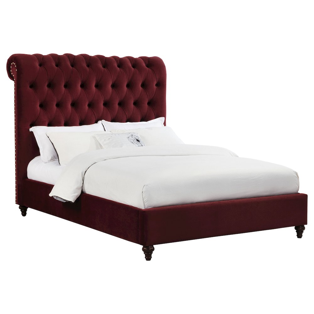 Chelmsford Devon Collection Full Size Velvet Upholstered Bed – Wine Red Panel Style with Padded Headboard
