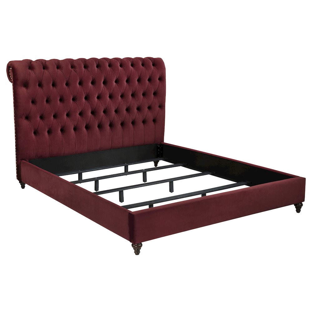 Lucie Devon Eastern King Wine Red Velvet Upholstered Panel Bed – Tufted Headboard & Mid-Century Style