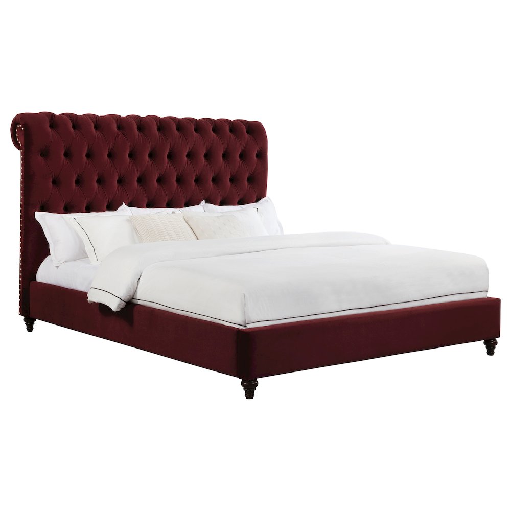Lucie Devon Eastern King Wine Red Velvet Upholstered Panel Bed – Tufted Headboard & Mid-Century Style