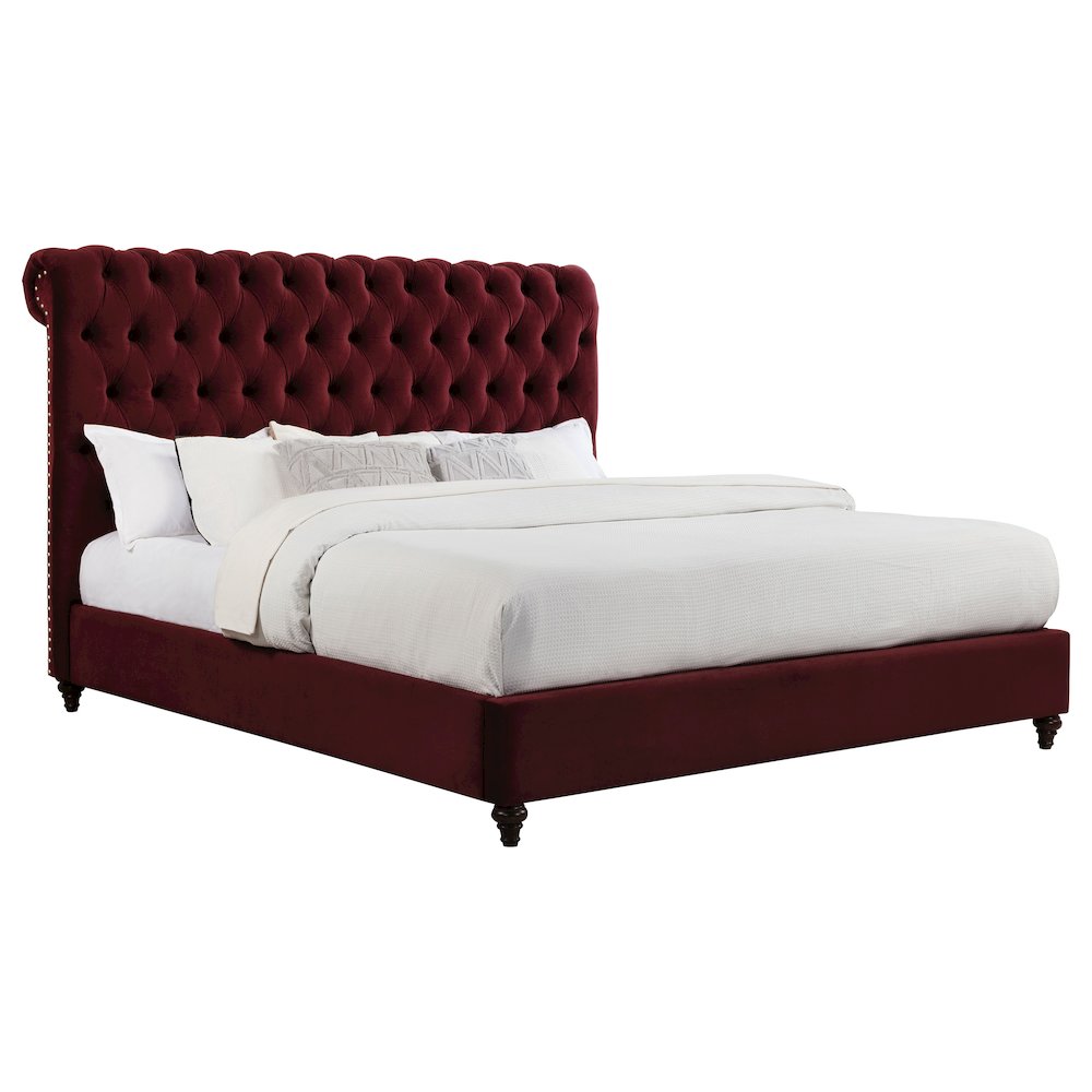 Baudouin Devon California King Wine Red Velvet Panel Bed – Classic Tufted Upholstered with Nailhead Trim