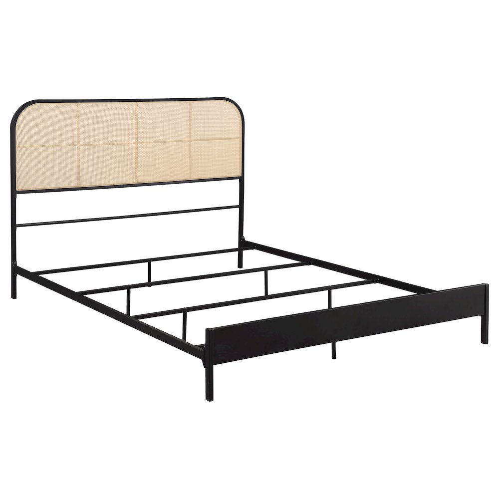 Tradilla Amherst Eastern King Black Metal Platform Bed – Contemporary Radio Weave Rattan Cane Webbing Headboard