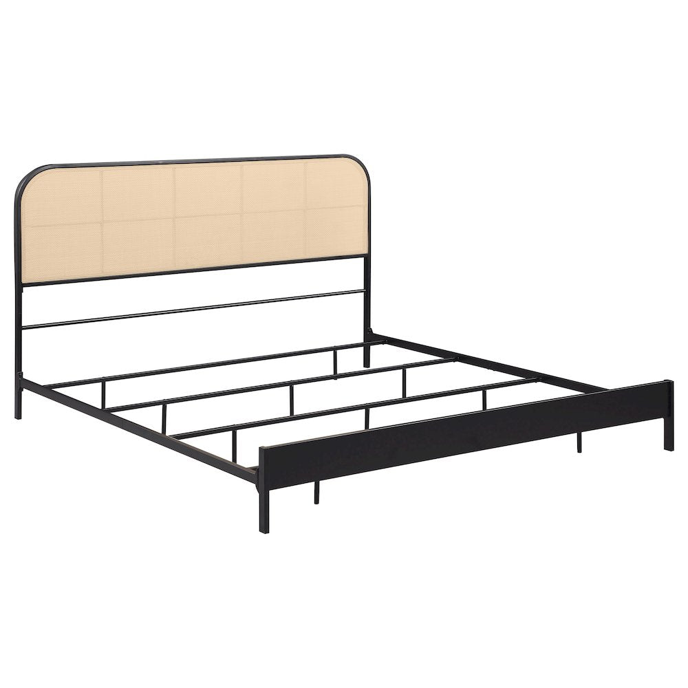 Tradilla Amherst Eastern King Black Metal Platform Bed – Contemporary Radio Weave Rattan Cane Webbing Headboard