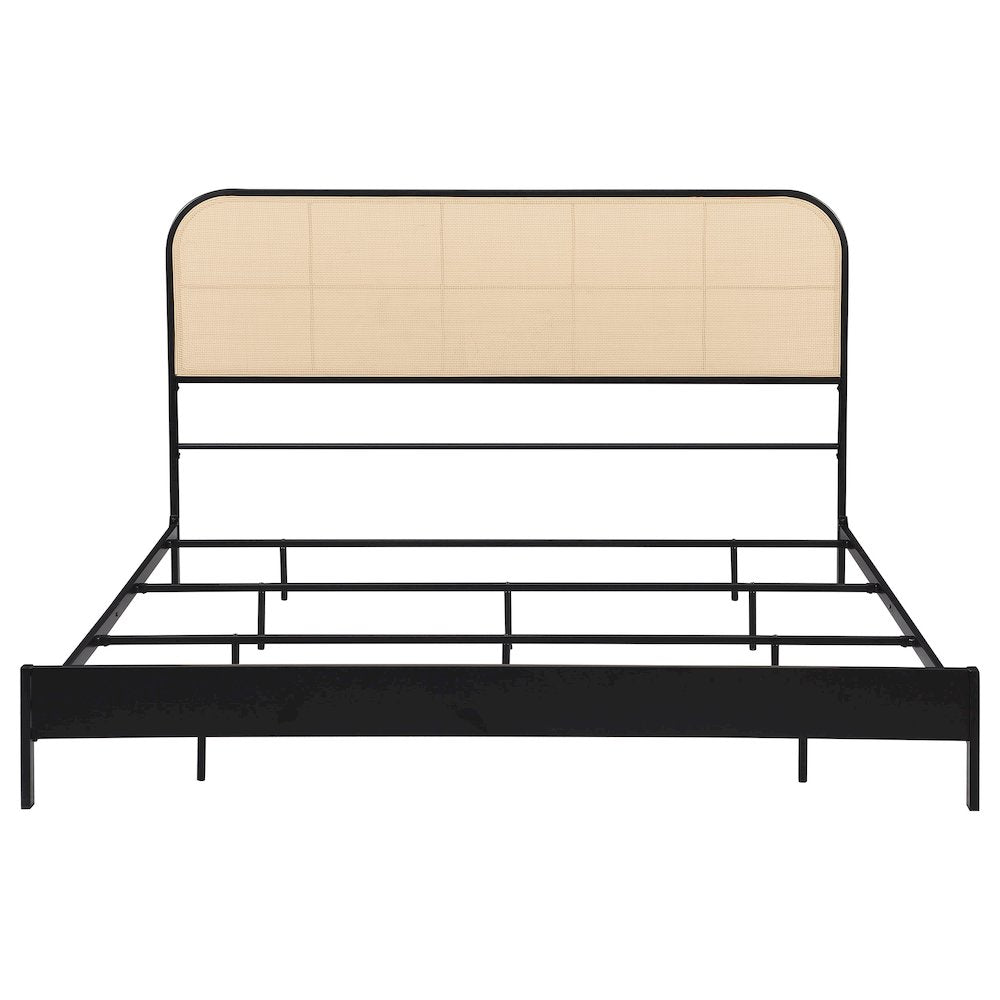 Tradilla Amherst Eastern King Black Metal Platform Bed – Contemporary Radio Weave Rattan Cane Webbing Headboard