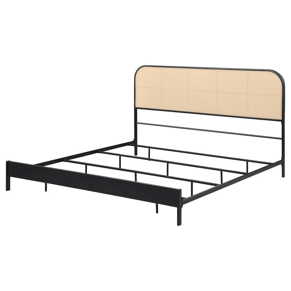 Tradilla Amherst Eastern King Black Metal Platform Bed – Contemporary Radio Weave Rattan Cane Webbing Headboard