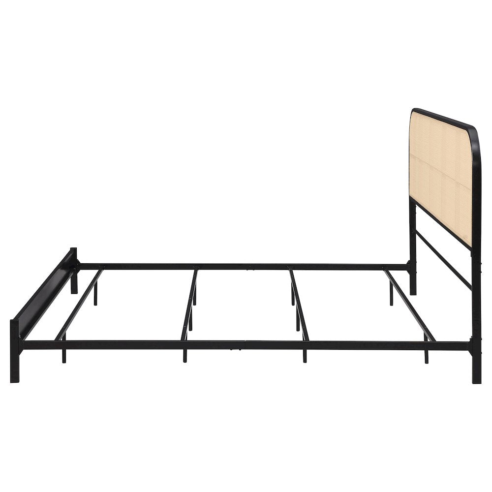 Tradilla Amherst Eastern King Black Metal Platform Bed – Contemporary Radio Weave Rattan Cane Webbing Headboard