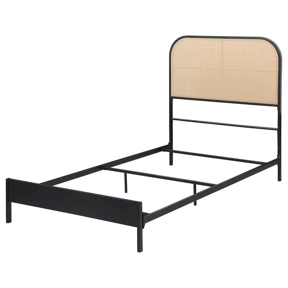 Vidalia Amherst Twin Black Metal Panel Bed with Rattan Radio Weave Headboard – Modern Style