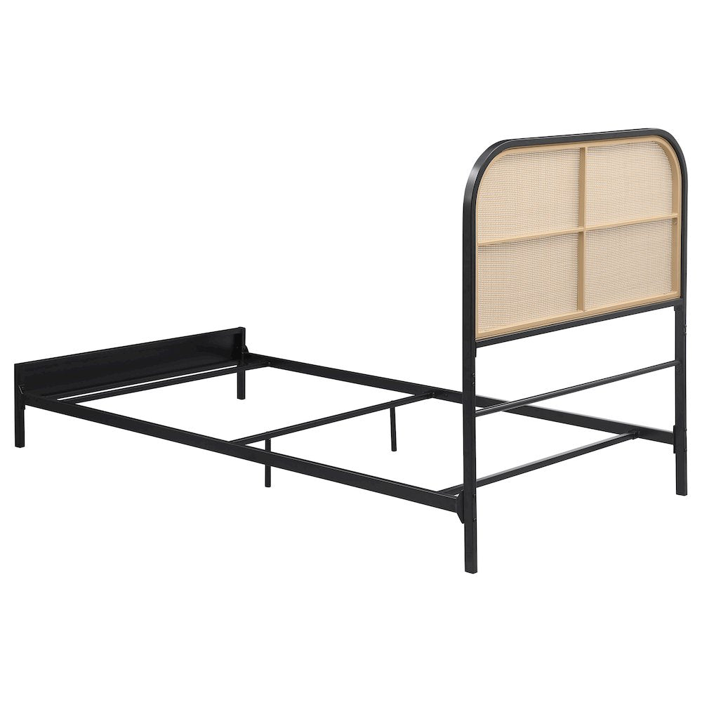 Vidalia Amherst Twin Black Metal Panel Bed with Rattan Radio Weave Headboard – Modern Style