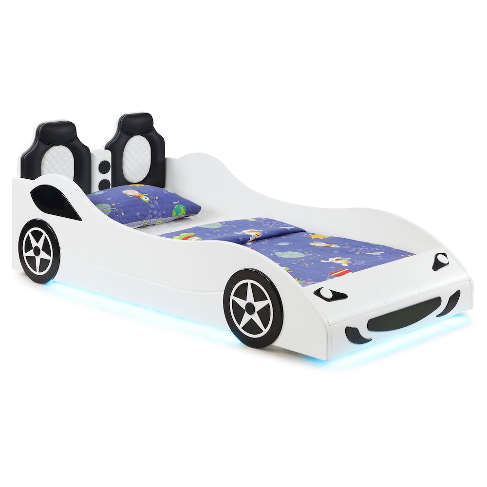 America Cruiser Collection Twin Blue Wood Car Bed – Race Car Platform Bed with LED Lighting