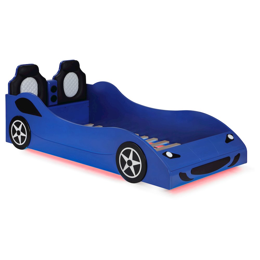 America Cruiser Collection Twin Blue Wood Car Bed – Race Car Platform Bed with LED Lighting