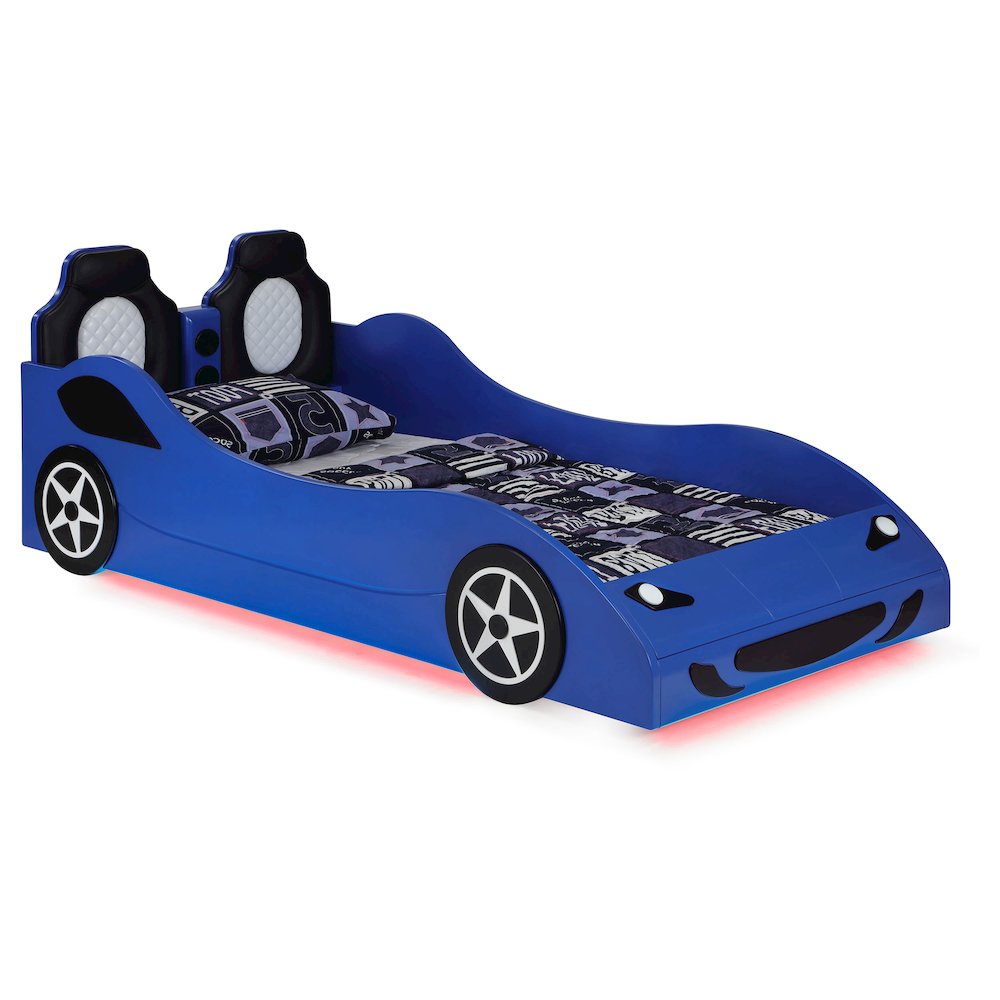 America Cruiser Collection Twin Blue Wood Car Bed – Race Car Platform Bed with LED Lighting