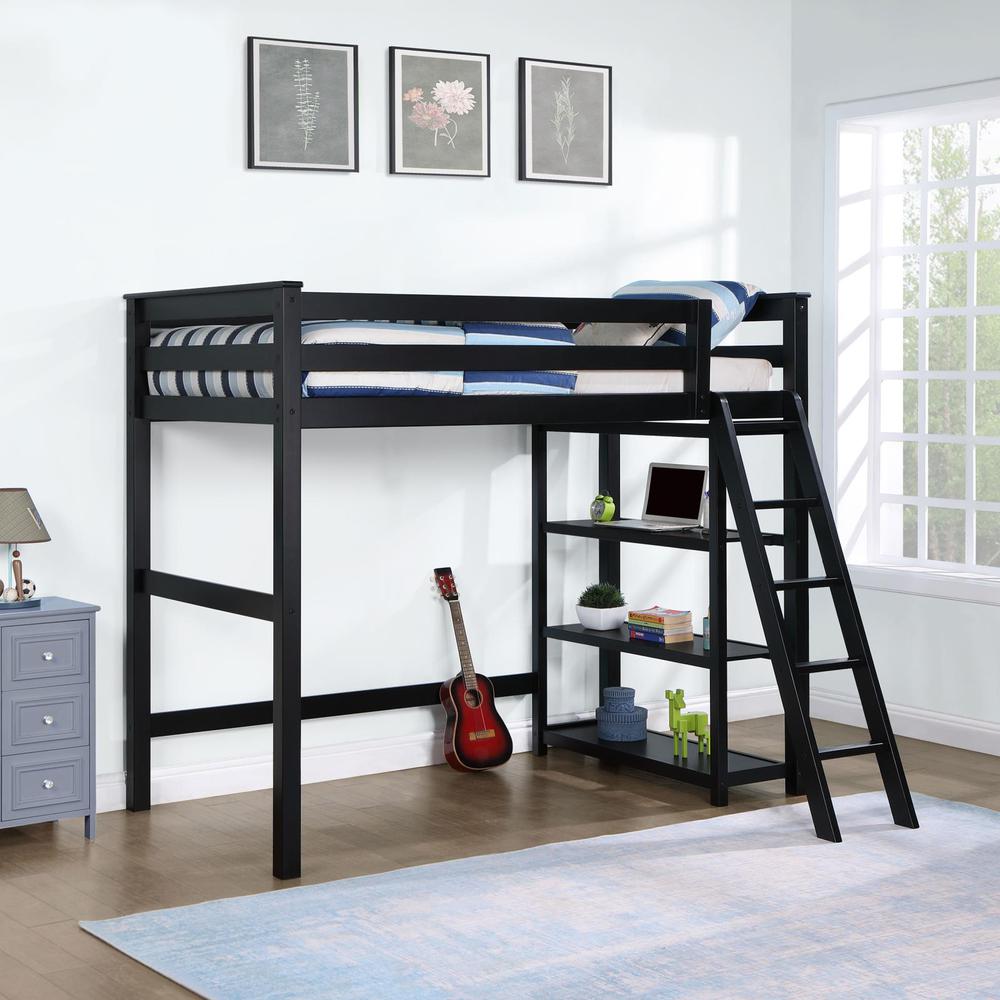 Valina Anica Collection Twin Loft Bed Black Wood Modern Design with Built-In Shelving