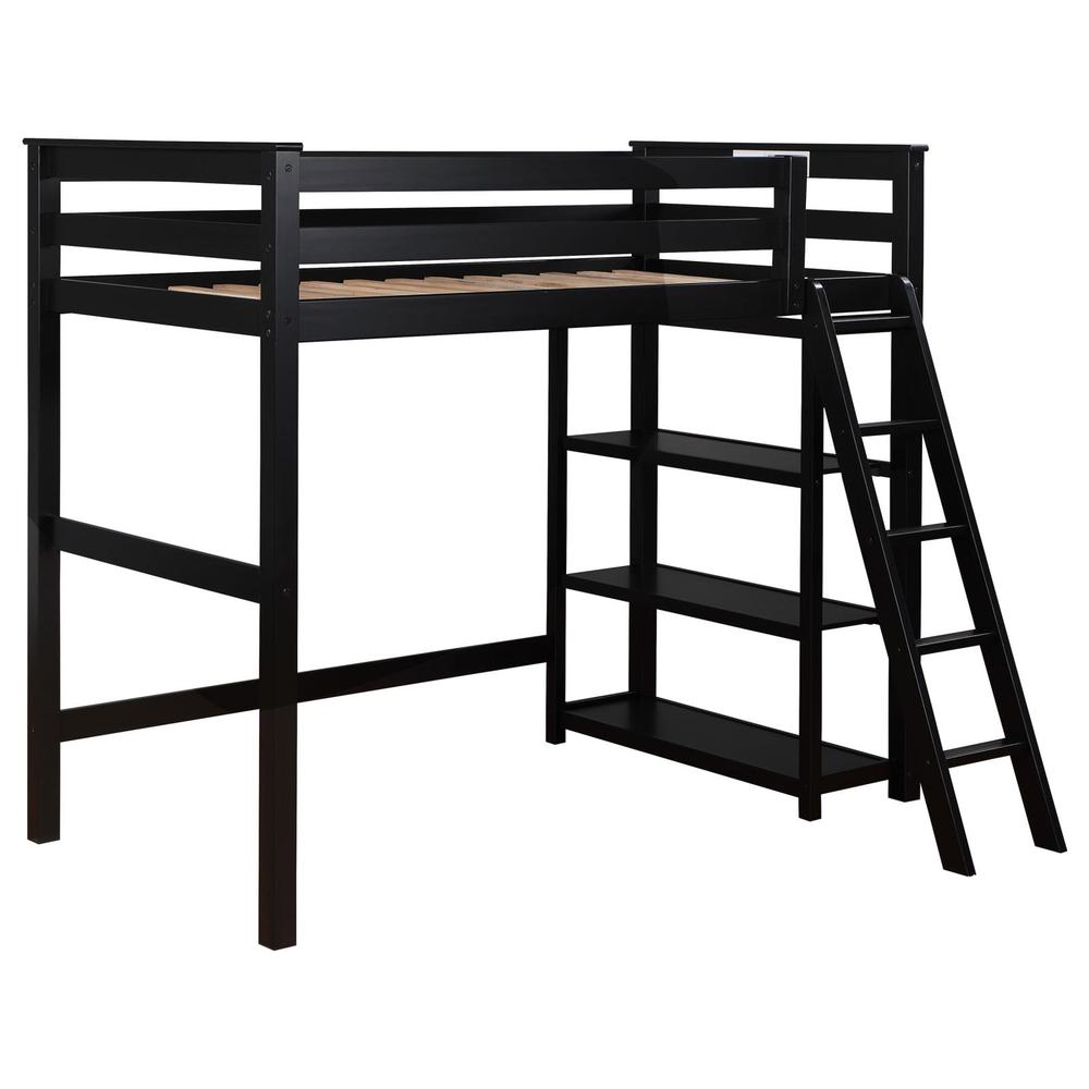 Valina Anica Collection Twin Loft Bed Black Wood – Modern Design with Built-In Shelving