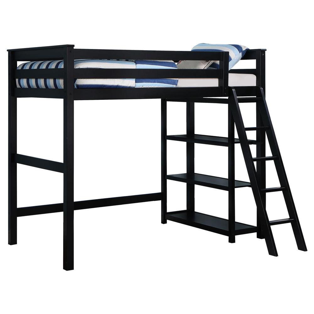 Valina Anica Collection Twin Loft Bed Black Wood – Modern Design with Built-In Shelving