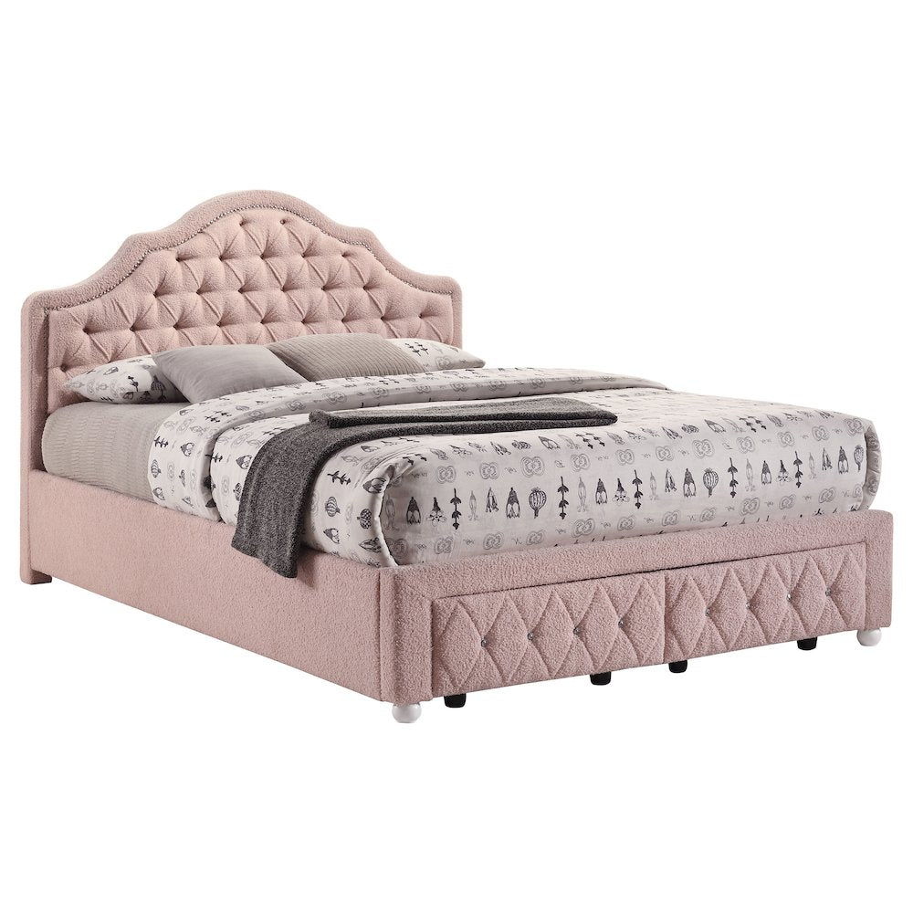 Elladio Ashleigh 44-Inch Full Pink Storage Platform Bed – Vintage Upholstered with Crystal Tufting Details