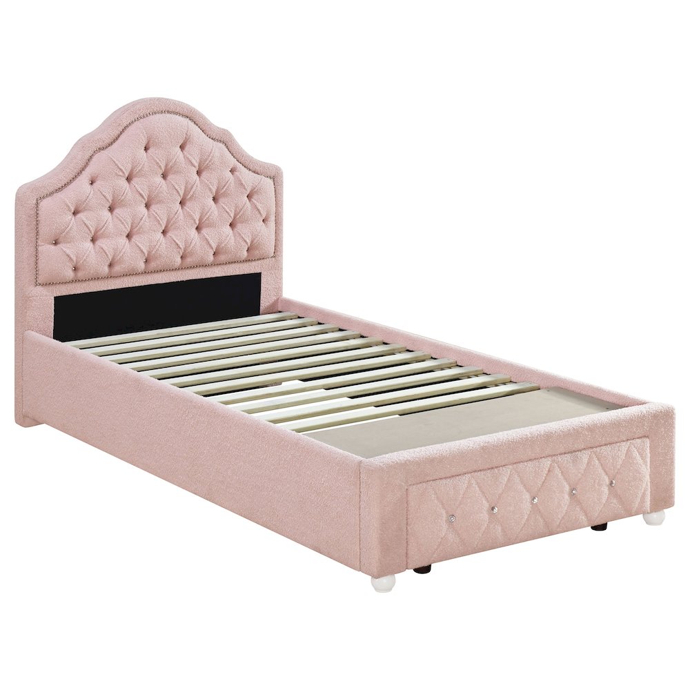 Chotu Ashleigh Twin Pink Bouclé Storage Platform Bed – Vintage Upholstered with Button-Tufting & Drawer