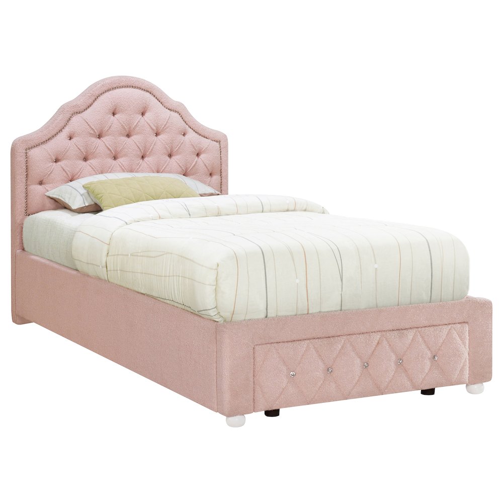 Chotu Ashleigh Twin Pink Bouclé Storage Platform Bed – Vintage Upholstered with Button-Tufting & Drawer