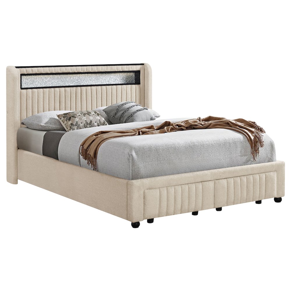 Harleen Madison Full Cream Upholstered Platform Bed – LED Touch Lighting Storage Bed with Winged Headboard