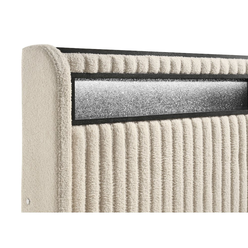 Harleen Madison Full Cream Upholstered Platform Bed – LED Touch Lighting Storage Bed with Winged Headboard