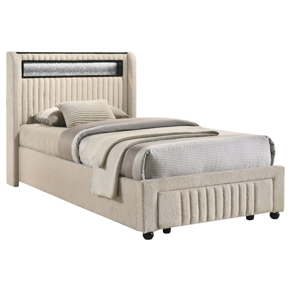 Mark Madison Twin Cream Bouclé Upholstered Storage Platform Bed – Contemporary LED Lighting & Channel Tufting